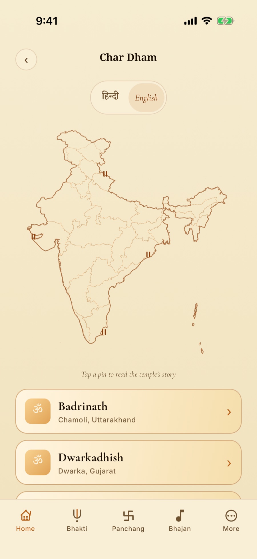 The Theerth pilgrimage map of India with the Char Dham temples pinned